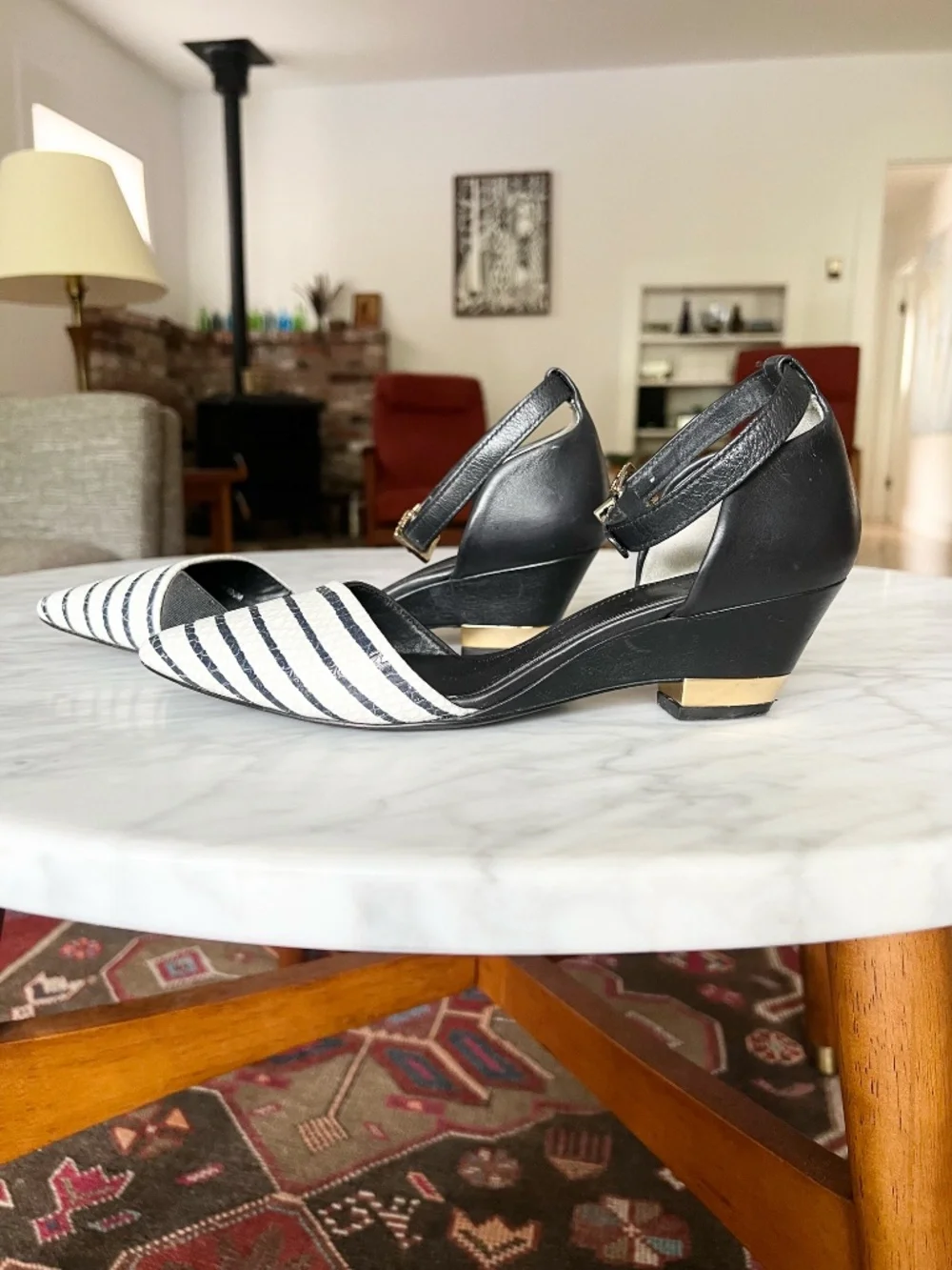 Tory Burch Navy White Striped Pointed Toe Ankle Strap Heels 6.5